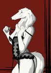  2016 anthro breasts butt canine clothing dog female fur grey_eyes inviting lingerie long_muzzle mammal simple_background smile solo ukabor white_fur 