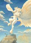  2017 4_fingers anthro blonde_hair day equine feathered_wings feathers featureless_crotch fur hair hooves mammal navel nude outside pegasus scale_(artist) sky solo white_fur wings 