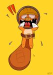 absurd_res animated_character anthro armor bandage beaver cartoon_style digital_media_(artwork) exclamation_point flat_coloring gore handy_(happy_tree_friends) happy_tree_friends headgear helmet hi_res male mammal nails open_mouth parody rodent simple_background solo teeth wounded yellow_background