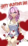  1girl absurdres alternate_costume apron artist_name black_camisole blue_eyes breasts camisole candy chocolate cleavage collarbone commentary_request eadgear elf elysia_(honkai_impact) food happy_valentine heart heart-shaped_chocolate heart-shaped_food highres holding holding_chocolate holding_food honkai_(series) honkai_impact_3rd large_breasts lips long_hair pink_hair pointy_ears sitting solo white_apron 