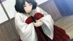  1boy architecture black_hair blush bob_cut chihaya_(clothing) choker crying dutch_angle east_asian_architecture fingernails game_cg hair_ornament hairclip hakama hakama_skirt highres holding hugging_own_legs huke japanese_clothes kosode looking_down miko narrowed_eyes non-web_source official_art open_mouth otoko_no_ko outdoors pink_eyes pink_lips porch red_hakama ribbon_choker ribbon_trim ringed_eyes sad shiny_lips sitting skirt solo square_pupils steins;gate streaming_tears tears tongue urushibara_ruka wide_sleeves wooden_floor wooden_porch 