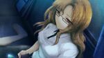  1girl belt black_belt black_ribbon black_trim blonde_hair breasts buttons cellphone collared_shirt flip_phone frown game_cg glasses hair_between_eyes high_collar highres holding holding_phone huke indoors jitome kiryuu_moeka leather_belt long_hair looking_at_phone medium_breasts miniskirt narrowed_eyes official_art pantyhose phone pink_eyes ribbon ringed_eyes screen_light shiny_lips shirt sitting skirt solo square_pupils steins;gate wariza white_shirt 