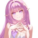  1girl breasts cleavage commentary corset diamond-shaped_pupils diamond_(shape) eclipse. elf elysia_(herrscher_of_human:_ego)_(honkai_impact) elysia_(honkai_impact) honkai_(series) honkai_impact_3rd long_hair looking_at_viewer pink_hair pointy_ears purple_eyes simple_background smile solo symbol-shaped_pupils upper_body very_long_hair white_background white_corset 
