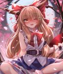  1girl absurdres blonde_hair blush bow brown_horns butterfly_sitting chain cherry_blossoms choko_(cup) cup hair_bow highres horn_ornament horn_ribbon horns ibuki_suika long_hair moon one_eye_closed oni orange_hair red_eyes ribbon single_horn sitting sleeveless smile solo top-exerou touhou 