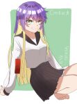 1girl absurdres alternate_hair_length alternate_hairstyle bags_under_eyes barefoot black_sailor_collar black_skirt blonde_hair breasts character_name colored_inner_hair commentary_request cookie_(touhou) copyright_name full_body genderswap genderswap_(otf) green_eyes grin highres kafka_(tokumei_senpai) leaning_back long_hair looking_at_viewer medium_breasts multicolored_hair pleated_skirt purple_hair sailor_collar school_uniform serafuku shiriri_(cookie) shirt skirt smile solo tag white_shirt 