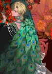  1boy absurdres alternate_costume animal_on_shoulder aqua_gemstone aventurine_(honkai:_star_rail) backless_outfit barbell_piercing bird bird_on_shoulder black_jacket black_shirt blonde_hair blue_eyes bracelet chinese_commentary commentary covered_mouth cuff_links curtained_hair ear_piercing earrings english_commentary fingernails flower flower_request food frills from_behind fruit gem gold_choker guaisanmu hair_between_eyes highres holding holding_flower holding_food holding_fruit honkai:_star_rail honkai_(series) industrial_piercing jacket jewelry long_sleeves looking_at_viewer looking_back male_focus mixed-language_commentary multicolored_eyes multiple_necklaces multiple_rings multiple_views necklace one_eye_covered orange_flower parted_lips peacock pearl_necklace piercing pomegranate profile projected_inset purple_eyes red_background ring shirt short_hair smile solo straight-on turtleneck two-tone_eyes 