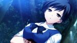  1girl black_bow black_bowtie black_hair bleeding blood bow bowtie breasts dutch_angle forest fumio_(ura_fmo) game_cg grisaia_(series) grisaia_no_rakuen injury looking_at_viewer medium_breasts nature night non-web_source official_art outdoors parted_lips sakuma_minori school_uniform shirt short_hair short_sleeves solo tears upper_body variant_set white_shirt yellow_eyes 