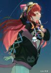 1girl animal_ear_hood black_bra black_jacket black_nails bra breasts cat_tail cleavage clenched_hand closed_eyes closed_mouth copyright_notice cowboy_shot goggles goggles_on_head hood idenshi_hina jacket jpeg_artifacts long_hair medium_breasts nekota_tsuna off_shoulder profile red_hair shooting_star shrug_(clothing) sky smile solo star_(sky) starry_sky tail underwear virtual_youtuber vspo! 
