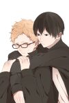  2boys black-framed_eyewear black_hair black_jacket blonde_hair blue_eyes brown_eyes closed_mouth colorful_ichigo commentary_request glasses haikyuu!! hands_on_another&#039;s_arm highres hug hug_from_behind jacket kageyama_tobio light_blush long_sleeves looking_at_another male_focus multiple_boys open_clothes open_jacket shirt short_hair simple_background sweatdrop tsukishima_kei upper_body white_background yaoi 