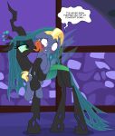 absurd_res arthropod badumsquish black_body blonde_hair blue_eyes blush carapace changeling cheek_lick dialogue duo earth_pony english_text equid equine eyeshadow face_lick female feral forked_tongue freckles friendship_is_magic green_eyes green_eyeshadow green_hair green_tail hair hasbro hi_res horse insect_wings licking long_tongue makeup male mammal my_little_pony pony queen_chrysalis_(mlp) star_tracker_(mlp) tail text tongue wings