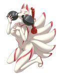  1girl animal_ears bodysuit braid braided_ponytail commander_rab(layer_industries) fake_animal_ears fox_mask full_body gas_mask hand_on_own_chest kneeling latex latex_bodysuit mask original oxygen_mask red_hair shiny_clothes skin_tight white_bodysuit 