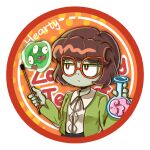  1girl baie270467 bob_cut border brain breasts bright_pupils brown_hair character_name chinese_commentary closed_mouth collared_shirt colored_skin commentary_request deformed flask glasses green_jacket grey_skin hands_up highres holding holding_flask jacket long_sleeves looking_to_the_side open_clothes open_jacket orange-framed_eyewear orange_background pinky_out plants_vs._zombies plants_vs._zombies_heroes polka_dot polka_dot_background red_eyes round-bottom_flask round_border shirt short_hair simple_background small_breasts solo transparent_border upper_body upturned_eyes virus white_pupils white_shirt zombology_teacher 