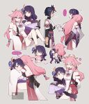  3girls ? animal_ear_piercing animal_ears arm_around_neck armor artist_name back bare_shoulders blue_hair blunt_bangs blush breasts bridal_gauntlets carrying carrying_person chibi cleavage closed_mouth clothing_cutout collarbone confused couple detached_sleeves english_commentary english_text from_behind full-face_blush genshin_impact grey_background hair_between_eyes hair_ornament headpiece heart highres holding holding_paper hug japanese_clothes jewelry kimono kujou_sara light_smile long_hair looking_at_another looking_down looking_to_the_side looking_up mask mask_on_head multiple_girls nonons off_shoulder one_eye_closed open_mouth paper pendant pink_hair princess_carry purple_eyes purple_hair purple_kimono raiden_shogun red_mask sash shade short_hair shoulder_armor shoulder_cutout sideboob simple_background speech_bubble spoken_heart standing sweatdrop watermark wide_sleeves yae_miko yae_miko_(fox) yuri 