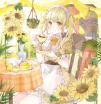  1girl basket bird birdcage blonde_hair blush border bow bowtie cage cake cake_slice canary chain commentary_request cup curtains dress flower food holding holding_cup holding_plate indoors looking_at_viewer maid maid_headdress orange_bow orange_bowtie original parted_lips plate puffy_short_sleeves puffy_sleeves saucer short_sleeves sidelocks simple_background sitting sunflower table tablecloth teacup teapot tententuyu twintails vase white_wrist_cuffs wrist_cuffs yellow_background yellow_dress yellow_eyes 