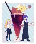  1boy 1girl apron barista black_apron black_pantyhose blonde_hair border cup dark_magician dark_magician_girl duel_monster holding holding_teapot holding_tray kuriboh millennium_puzzle necktie notepad open_mouth oversized_food oversized_object pantyhose purple_hair red_necktie teacup teapot tray white_border yu-gi-oh! yuza 