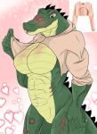 2020 abs absurd_res anthro big_breasts biped bloody_jaws blush body_blush bottomless bottomless_anthro bottomless_female breast_blush breasts claws clothed clothing colored cropped_hoodie fangs featureless_breasts featureless_crotch female finger_claws fingers green_body green_eyes green_scales half-length_portrait heart_symbol hi_res hoodie huge_breasts humanoid_hands looking_down meme meme_clothing muscular muscular_anthro muscular_female non-mammal_breasts pink_clothing pink_hoodie pink_topwear portrait reference_image reptile scales scalie scar simple_background skimpy slasheramaya solo spikes tail teeth three-quarter_view topwear