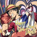  1boy 1girl ^_^ absurdres black_hair boa_hancock cape closed_eyes commentary crop_top eating english_commentary full_body happy_valentine hat highres komatsuki_n long_hair monkey_d._luffy one_piece open_mouth red_shirt red_shoes scar scar_on_face shirt shoes short_hair standing standing_on_one_leg straw_hat twitter_username 