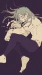 1boy arm_on_knee barefoot black_background blue_eyes cursed_spirit_(jujutsu_kaisen) film_grain fingernails floating_hair from_side green_hair highres jujutsu_kaisen long_hair looking_at_object mahito_(jujutsu_kaisen) male_focus mim_(mimya0600) parted_bangs parted_lips profile simple_background solo stitched_arm stitched_face stitched_wrist stitches topless_male 
