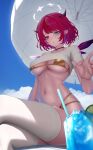  1girl alternate_costume asymmetrical_wings beach_umbrella bikini blue_eyes blue_sky breasts cloud commentary cropped_shirt crossed_legs crystal_wings day earrings gold_bikini halo halterneck heterochromia highres hololive hololive_english horns irys_(hololive) jdnyang jewelry large_breasts looking_at_viewer mismatched_earrings mismatched_wings multi-strapped_bikini_bottom navel open_mouth outdoors pink_eyes pointy_ears reaching reaching_towards_viewer red_hair shirt short_hair sitting sky solo star_halo swimsuit t-shirt thighhighs thighs umbrella underboob virtual_youtuber wet wings 