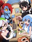  1boy 4girls :t absurdres black_dress black_hair blue_eyes blue_hair blue_skin bongfill breasts chopsticks cleavage colored_sclera colored_skin crossover darwin_watterson dress eating ellen_joe fins fish food gloves head_fins highres holding holding_chopsticks holding_food ikamusume indoors jinbe_(one_piece) large_breasts long_hair maid maid_headdress marie_(splatoon) medium_breasts mole mole_under_eye monster_girl multiple_crossover multiple_girls one_piece open_mouth pointy_ears ponytail red_eyes red_hair sharp_teeth shinryaku!_ikamusume shrimp shrimp_tempura sleeveless sleeveless_dress small_breasts splatoon_(series) strapless strapless_dress teeth tempura tentacle_hair the_amazing_world_of_gumball undertale undyne white_dress white_gloves yellow_sclera zenless_zone_zero 