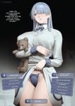  1girl ak-15_(girls&#039;_frontline) averting_eyes blush breasts choker clothes_lift collared_shirt cosplay creepy_mita_(miside) creepy_mita_(miside)_(cosplay) dialogue_box dress english_text female_pubic_hair gameplay_mechanics girls&#039;_frontline grey_hair hair_over_one_eye highres j_adsen large_breasts lifting_own_clothes long_hair long_sleeves looking_to_the_side miside mita_(miside) neck_ribbon panties pubic_hair pubic_hair_peek purple_choker purple_eyes purple_lips purple_panties purple_ribbon ribbon shirt skirt skirt_lift solo stuffed_animal stuffed_toy teddy_bear thighs underwear white_dress white_shirt white_skirt 