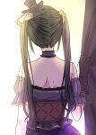  1girl bare_shoulders black_gloves black_hair choker corset cowboy_shot detached_sleeves dress frilled_choker frilled_shirt frills from_behind gear_hair_ornament gloves hat highres idolmaster idolmaster_shiny_colors mini_hat mitsumine_yuika pachiko purple_dress shirt shoulder_blades solo trembling twintails 