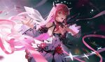  1girl armpits asymmetrical_wings beckoning breasts brooch chest_bow cleavage cleavage_cutout clothing_cutout commentary crystal_wings demon_horns detached_sleeves double_halo dress earrings eyelashes flower glint hair_between_eyes halo halterneck hand_on_own_chest headset heterochromia highres hololive hololive_english horns irys_(hololive) irys_(irys_2.0)_(hololive) jewelry juliet_sleeves long_hair long_sleeves looking_at_viewer mismatched_wings music open_mouth pointy_ears puffy_sleeves red_flower red_hair red_nails ribbon short_dress sidelocks singing sleeveless sleeveless_dress solo sparkle star_halo very_long_hair virtual_youtuber white_dress wide_sleeves wings xiisalt 