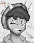 4:5 absurd_res anthro black_and_white cavemanon_studios ceratopsian clothing dinosaur eyelashes eyes_closed female goodbye_volcano_high hair hi_res hoodie horn laugh markings monochrome open_mouth ornithischian prehistoric_species rcblackdie reptile scalie smile snoot_game solo topwear triceratops trish_(gvh)