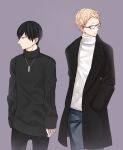  2boys black-framed_eyewear black_coat black_eyes black_hair black_pants black_sweater blonde_hair casual closed_mouth coat colorful_ichigo commentary_request cowboy_shot denim glasses haikyuu!! hand_in_pocket highres jeans jewelry kageyama_tobio long_sleeves looking_to_the_side male_focus multiple_boys necklace pants purple_background shirt short_hair simple_background standing sweater tsukishima_kei turtleneck turtleneck_sweater white_shirt yellow_eyes 