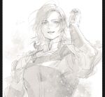  1boy alchimie arm_up armor commentary_request dated dion_lesage final_fantasy final_fantasy_xvi frilled_sleeves frills greyscale long_sleeves looking_ahead male_focus monochrome parted_hair parted_lips sketch smile solo teeth upper_body white_theme 