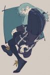  1boy androgynous black_coat black_pants black_shoes blue_eyes blue_hair coat cursed_spirit_(jujutsu_kaisen) hand_on_own_knee heterochromia highres jujutsu_kaisen long_hair long_sleeves looking_back mahito_(jujutsu_kaisen) male_focus mim_(mimya0600) pants parted_lips shoelaces shoes smile solo stitched_face stitches teeth upper_teeth_only yellow_eyes 