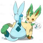 1:1 blue_body blue_ears blue_tail bowling_pin brown_body brown_fur brown_inner_ear brown_paws duo eeveelution fur generation_4_pokemon glaceon leaf leaf_ears leaf_tail leafeon nintendo pokemon pokemon_(species) tail tontaro