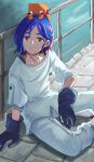  black_gloves blue_hair closed_mouth commentary_request conch_(gundam) gloves gundam gundam_gquuuuuux mecha medium_hair multicolored_hair pants pet purple_hair red_eyes robot science_fiction shirt shuji_ito sitting streaked_hair tom_(pixiv41651055) two-tone_hair walker_(robot) white_pants white_shirt 