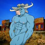 1:1 2020 2_horns abs anthro biped blue_body blue_fur bovid bovine cattle closed_smile clothing digital_media_(artwork) ear_piercing fabfelipe facial_hair fur goatee grey_clothing grey_hat grey_headwear hat hat_only headgear headgear_only headwear headwear_only hi_res horn male mammal mostly_nude mostly_nude_anthro mostly_nude_male mouth_closed muscular muscular_anthro muscular_male narrowed_eyes navel nipples pecs piercing pinup pose smile solo the_dakota_dude white_horn wild_west_c.o.w.-boys_of_moo_mesa