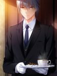  1boy black_jacket black_necktie black_vest butler chocolate closed_mouth collared_shirt cup fumio_(ura_fmo) game_cg gloves grey_hair grisaia_(series) grisaia_no_rakuen hair_between_eyes highres holding holding_plate indoors jacket kazami_yuuji_clone long_sleeves looking_at_viewer male_focus necktie non-web_source official_art plate red_eyes shirt solo teacup upper_body vest waistcoat white_gloves white_shirt 