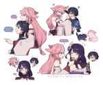  1boy 2girls ? anger_vein angry animal_ear_piercing animal_ears arm_up armor artist_name bare_shoulders blue_eyes blue_hair blunt_bangs blush breasts bridal_gauntlets cheek_pinching chibi cleavage closed_eyes closed_mouth confused couple detached_sleeves eating english_commentary english_text facial_mark feeding fighting from_side genshin_impact grabbing_another&#039;s_ear hair_between_eyes hair_ornament hand_on_another&#039;s_ear highres japanese_clothes kimono leaning_forward leaning_on_person long_hair mother_and_son multiple_girls neck_ribbon nonons off_shoulder open_mouth pinching pink_hair purple_eyes purple_hair purple_kimono raiden_shogun red_ribbon ribbon sash scaramouche_(cat)_(genshin_impact) scaramouche_(genshin_impact) shaded_face short_hair shoulder_armor sideboob simple_background smile speech_bubble standing sweatdrop teeth twitter_username wanderer_(genshin_impact) white_background wide_sleeves yae_miko yae_miko_(fox) yuri 