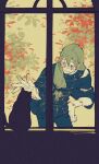  1boy animal black_cat black_pants black_shirt blue_eyes cat closed_mouth cursed_spirit_(jujutsu_kaisen) double-parted_bangs green_hair hair_between_eyes hand_on_own_hip heterochromia highres jujutsu_kaisen leaf long_hair looking_at_animal mahito_(jujutsu_kaisen) male_focus mim_(mimya0600) outstretched_arm outstretched_hand pants shirt smile solo standing stitched_arm stitched_face stitched_wrist stitches window yellow_eyes 
