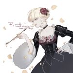  1girl beatrice_(umineko) black_dress blonde_hair character_name copyright_name dress falling_petals flower frilled_dress frills hair_flower hair_ornament hand_on_own_hip holding holding_smoking_pipe lilith-lily looking_ahead petals red_flower red_rose rose simple_background smile smoking_pipe solo umineko_no_naku_koro_ni white_background yellow_petals 