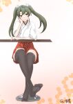  1girl absurdres bar_stool black_thighhighs coic_hakushaku green_eyes green_hair hair_ribbon hakama hakama_short_skirt hakama_skirt hand_on_own_cheek hand_on_own_face head_on_hand highres japanese_clothes kantai_collection no_shoes open_mouth red_skirt ribbon shirt sitting skirt smile solo stool thighhighs twintails white_ribbon white_shirt zuikaku_(kancolle) 