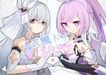  2girls absurdres black_gloves breasts bronya_zaychik bronya_zaychik_(cosplay) bronya_zaychik_(herrscher_of_truth) cleavage commentary_request corset cosplay costume_switch diamond-shaped_pupils diamond_(shape) elysia_(herrscher_of_human:_ego)_(honkai_impact) elysia_(honkai_impact) elysia_(honkai_impact)_(cosplay) gloves grey_eyes grey_hair heart heart_hands heart_hands_duo highres honkai_(series) honkai_impact_3rd large_breasts long_hair multiple_girls nodgilmo573 pink_hair ponytail purple_eyes simple_background small_breasts smile symbol-shaped_pupils translation_request upper_body veil very_long_hair white_background white_corset white_gloves white_veil 