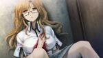  1girl black_ribbon black_trim bleeding blonde_hair blood blood_on_clothes blood_on_hands breasts buttons collared_shirt dying expressionless game_cg glasses hair_between_eyes hand_on_own_chest high_collar highres huke indoors injury jitome kiryuu_moeka knees_up large_breasts long_hair looking_at_viewer messy_hair miniskirt official_art open_collar open_mouth phone pink_eyes pink_lips ribbon ringed_eyes shiny_lips shirt short_sleeves sitting skirt sleeve_slit solo square_pupils steins;gate thick_thighs thighs white_shirt 