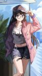  1girl belt black_belt black_hair blue_eyes blue_nails blue_sky breasts cowboy_shot denim denim_shorts fern glasses highres idolmaster idolmaster_shiny_colors jacket long_hair mid-stride mitsumine_yuika nail_polish nanzhinzzzz navel open_mouth pink_jacket print_shirt round_eyewear shirt shorts signature sky small_breasts smile solo torn_clothes torn_shorts white_shirt 