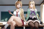  2girls amadeuslight atelier_(series) atelier_resleriana atelier_ryza black_choker blonde_hair blush breasts cellphone chair chalkboard choker classroom cleavage collared_shirt curvy desk gyaru hair_ornament hat highres holding holding_phone indoors iphone jewelry klaudia_valentz kogal large_breasts long_hair long_sleeves multiple_girls necklace necktie on_desk open_mouth phone reisalin_stout reisalin_stout_(blooming_energy) school school_chair school_desk school_uniform shirt short_hair skindentation skirt sleeveless sleeveless_jacket smartphone smile star_(symbol) star_necklace studying tan thick_thighs thighs white_hat white_shirt wide_hips window x_hair_ornament yuri 