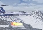  2boys ace_combat ace_combat_zero aircraft airplane blue_sky bm-335 bomber canopy_(aircraft) cipher_(ace_combat) cloud cloudy_sky day english_commentary f-15_eagle fighter_jet fire galm_team helmet highres jet_bomber kevincipher landscape larry_foulke military military_vehicle mountain mountainous_horizon multiple_boys outdoors oxygen_mask pilot pilot_helmet roundel shot_down silhouette sky smoke snow vehicle_focus 