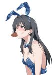  1boy 1girl animal_ears black_hair blue_bow blue_bowtie blue_eyes blue_leotard blush bow bowtie breasts censored cleavage detached_collar drooling fake_animal_ears fellatio hetero highres leotard long_hair mixed-language_commentary open_mouth oral penis playboy_bunny rabbit_ears rauto saliva saten_ruiko solo_focus strapless strapless_leotard toaru_kagaku_no_railgun toaru_majutsu_no_index traditional_bowtie 