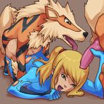  1girl arcanine artist_request ass_up bestiality blonde_hair blue_eyes canine canine_penis doggystyle female feral from_behind gangbang group group_sex hair handjob human interspecies knot knotted knotted_penis male mammal metroid nintendo open_mouth penis pok&#233;mon pok&#233;philia pokemon ponytail samus_aran selty sex straight tongue tongue_out torn_clothes video_games zero_suit 