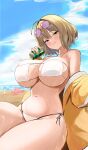  2girls absurdres ahoge anis_(nikke) anis_(sparkling_summer)_(nikke) beach bikini blue_sky breasts brown_hair can commentary drink_can eyepatch_bikini eyewear_on_head goddess_of_victory:_nikke helm_(aqua_marine)_(nikke) helm_(nikke) highres holding holding_can jacket kopepan_(kopepann11) large_breasts licking_lips multiple_girls navel ocean octopus official_alternate_costume short_hair sky solo_focus stomach sunglasses swimsuit thighs tongue tongue_out white_bikini yellow_eyes yellow_jacket 