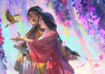  1boy 1girl animal aubergrin bird black_hair black_kimono brown_eyes commentary cowboy_shot english_commentary facial_hair falling_petals floral_print floral_print_kimono flower ghost_of_tsushima hair_bun hakama hakama_pants highres husband_and_wife japanese_clothes katana kimono long_sleeves looking_at_animal looking_at_another low_ponytail mustache outdoors outstretched_arm pants parted_lips petals pink_kimono ponytail print_kimono purple_petals sakai_chiyoko sakai_kazumasa sheath short_hair single_hair_bun smile sword teeth twitter_username weapon white_pants wide_sleeves wisteria yellow_bird yellow_petals 