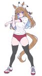  1girl almond_eye_(umamusume) animal_ears black_thighhighs braid breasts brown_hair buruma colored_inner_hair gym_uniform hair_ornament hair_ribbon hairclip highres horse_ears horse_girl horse_tail kerotan_(belle_reinedesu) long_hair looking_at_viewer medium_breasts multicolored_eyes multicolored_hair red_buruma ribbon shirt single_braid solo stretching tail thighhighs two-tone_hair umamusume white_shirt 