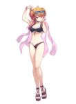  =_hair_ornament ahoge arm_up bikini black_bikini black_choker bracelet breasts choker cleavage commentary_request earrings eyewear_on_head front-tie_bikini_top front-tie_top full_body gradient_hair grin hair_ornament hairclip hand_up holding holding_own_hair hololive hololive_dev_is ichijou_ririka jacket jacket_on_shoulders jewelry long_hair medium_breasts multicolored_hair navel official_alternate_hairstyle orange_eyes orange_hair pendant_choker pink_hair pink_jacket sandals side-tie_bikini_bottom sidelocks simple_background smile star_pendant stomach sunglasses swimsuit tachi-e toes tokisaka_makoto two_side_up white_background white_bikini 